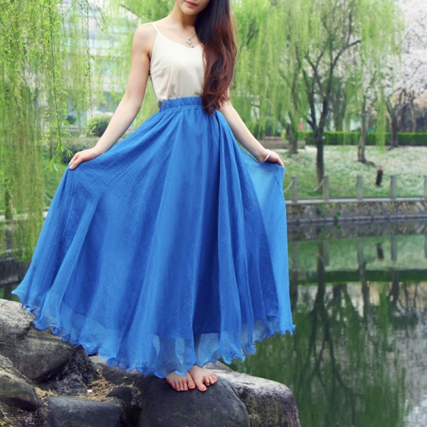Bohemian Chiffon Beach Skirts Womens High Waist Pleated Long Skirt Ladies Casual Maxi Skirts Saia Faldas Color Blue Green Red 1 Bohemian Chiffon Beach Skirt - High Waist, Pleated Long Maxi Skirt for Women