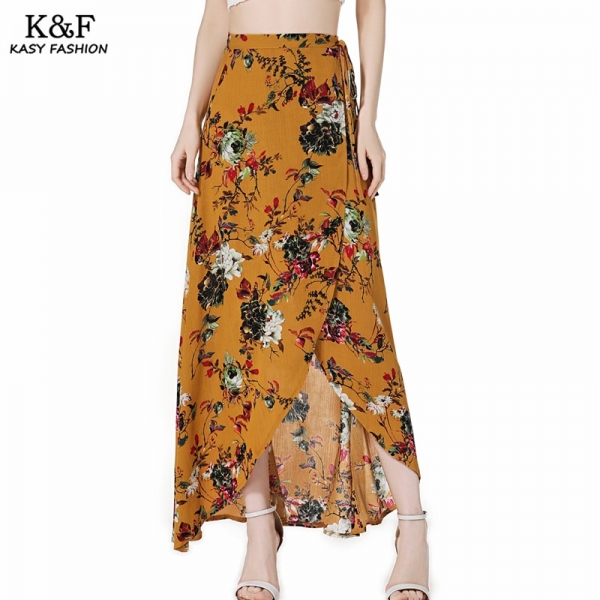 Split Maxi Beach Summer Skirt 18 High Waist Bohemian Print Casual Asymmetrical
