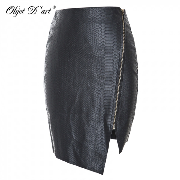 Fashion Women Zipper Up Faux Snake Skin Leather Skirt Polyester Lining Sexy Asymmetrical PU Mini Skirt High Quality For 4 Season