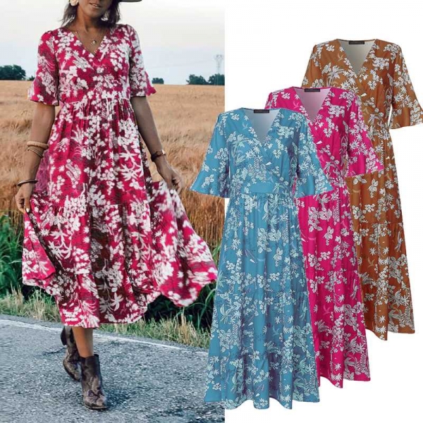 ZANZEA Women Midi Dress Elegant Ladies Half Sleeve Floral Print Dresses Bohemian Mid Calf Vestidos Party Evening Summer Sundress 1 Half Sleeve Floral Print Dresses Bohemian Mid Calf Vestidos