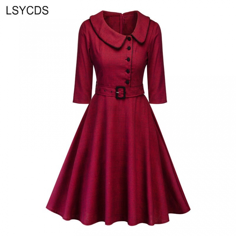 LSYCDS Autumn Winter Women Elegant Dresses Half Sleeve Peter Pan Collar 1950s Retro A-line Knee Length Big Swing Vintage Dress