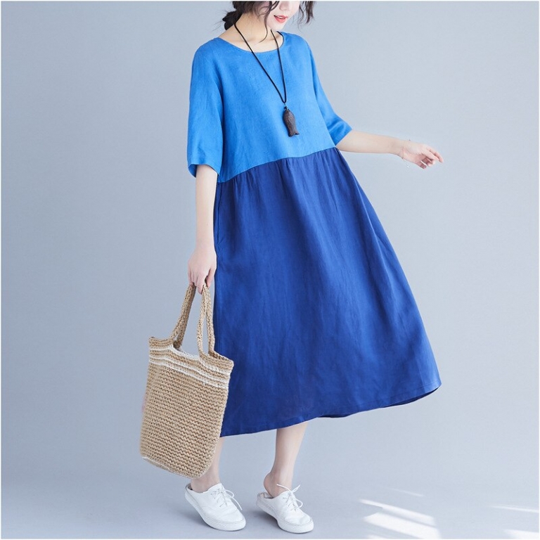Johnature 19 Summer Women Clothing New Loose Patchwrok Hit Color Casual Dresses Half Sleeve O-neck Pockets Women Dress