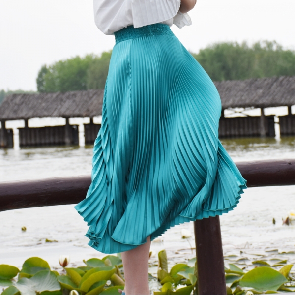 FLOWER SKY Summer New Fashion Stretch Bright Pleated Skirt Women A Line Mid Maxi Flare Party Skirts Womens Saia