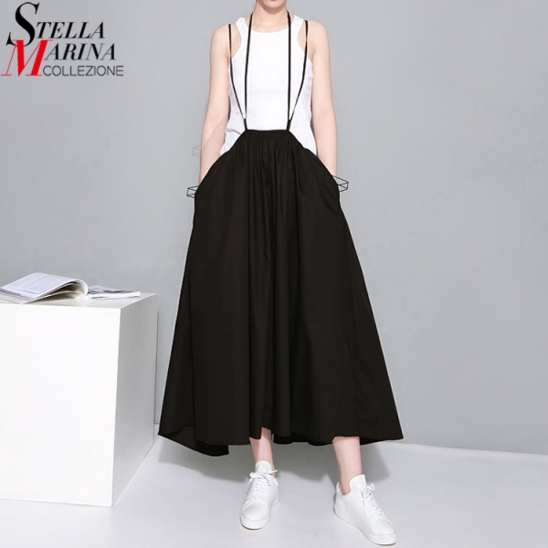 19 Summer Women Black Long Maxi Skirt Elastic Waist Pleated Infinite Skirt Convertible Girls Loose Casual Suspender Skirt 1388