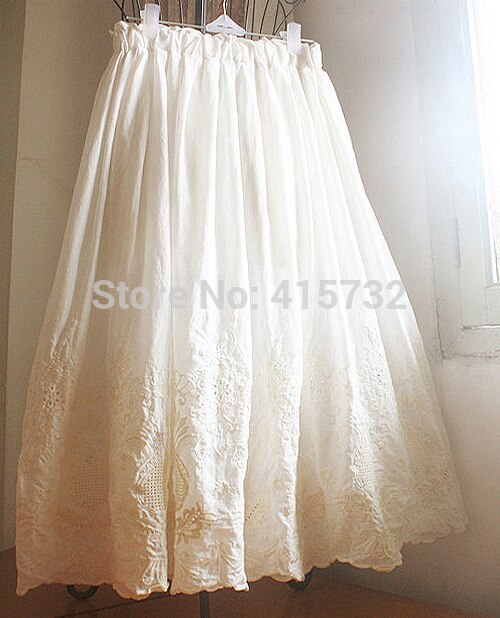 Free Shipping 19 New 100% Cotton Embroidery Flower Crochet Ivory White Women Skirt Summer Long mid-calf Elastic Waist Skirts