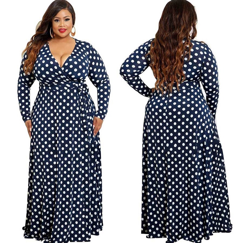 Autumn Women Plus Size Dress with Lace-up V-neck Half Sleeve Dots Digital Printing A-Line Type Big Swing Dress Floor Length 2