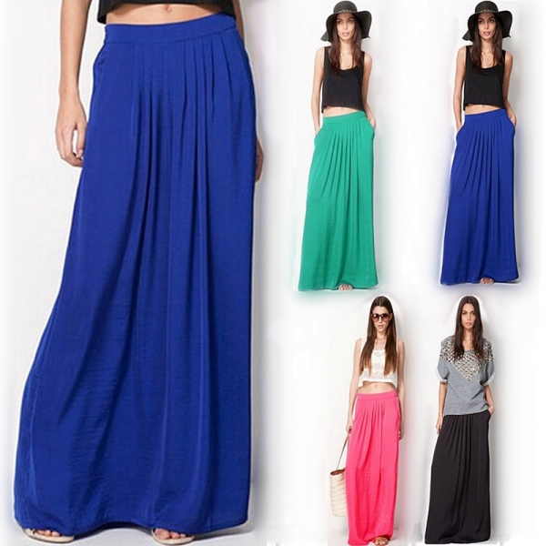 Elastic Waist Elegant Thin Pleate Skirt Ladies Casual Beach Solid