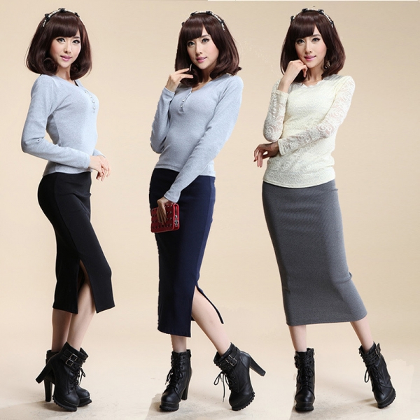 Wool Rib Knit Long Skirt Faldas Package Hip Split Skirt