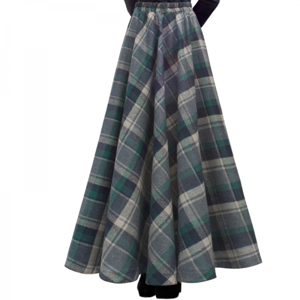 Maxi Thick A-line Skirts For Women Elastic Waist Winter Plaid Woolen Skirts