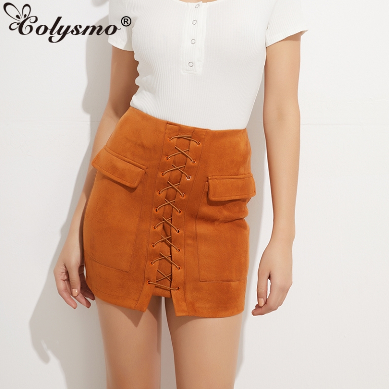 Colysmo Vintage Suede Skirt High Waist Pencil Skirt Winter External Pocket Faux Leather Skirts Womens Autumn Mini Skirt Saia New