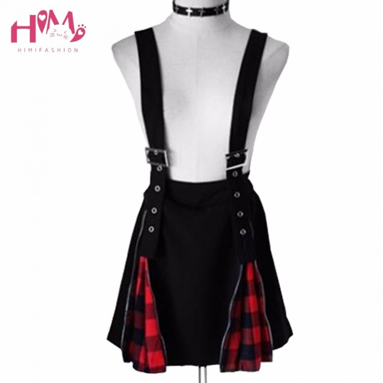 Dark Black 2 Wears High Waist Belt Mosaic Lattice Zip Suspenders Skirt For Ladies Red Stretchy Cute Punk 17 Party Strap Skirt