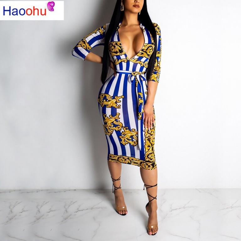 HAOOHU19 New Arrive Sexy Women Striped Deep V-Neck Half Sleeve Bodycon Dress Lady Hollow Out Skinny Lace Up Short Dress CY1130
