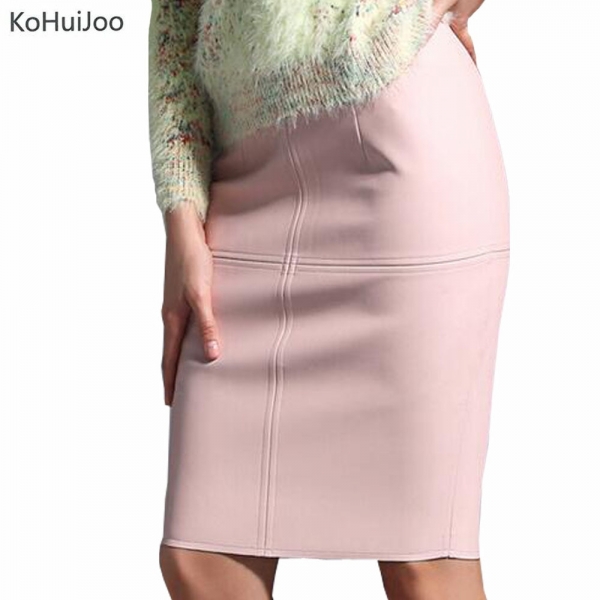 Ladies High Waist Knee Length Blue Pink Faux Leather Skir