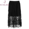 Skirt Plus Size Solid Elastic Waist Sheer Floral Lace Patchwork Midi Lady