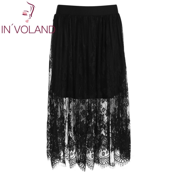 Skirt Plus Size Solid Elastic Waist Sheer Floral Lace Patchwork Midi Lady