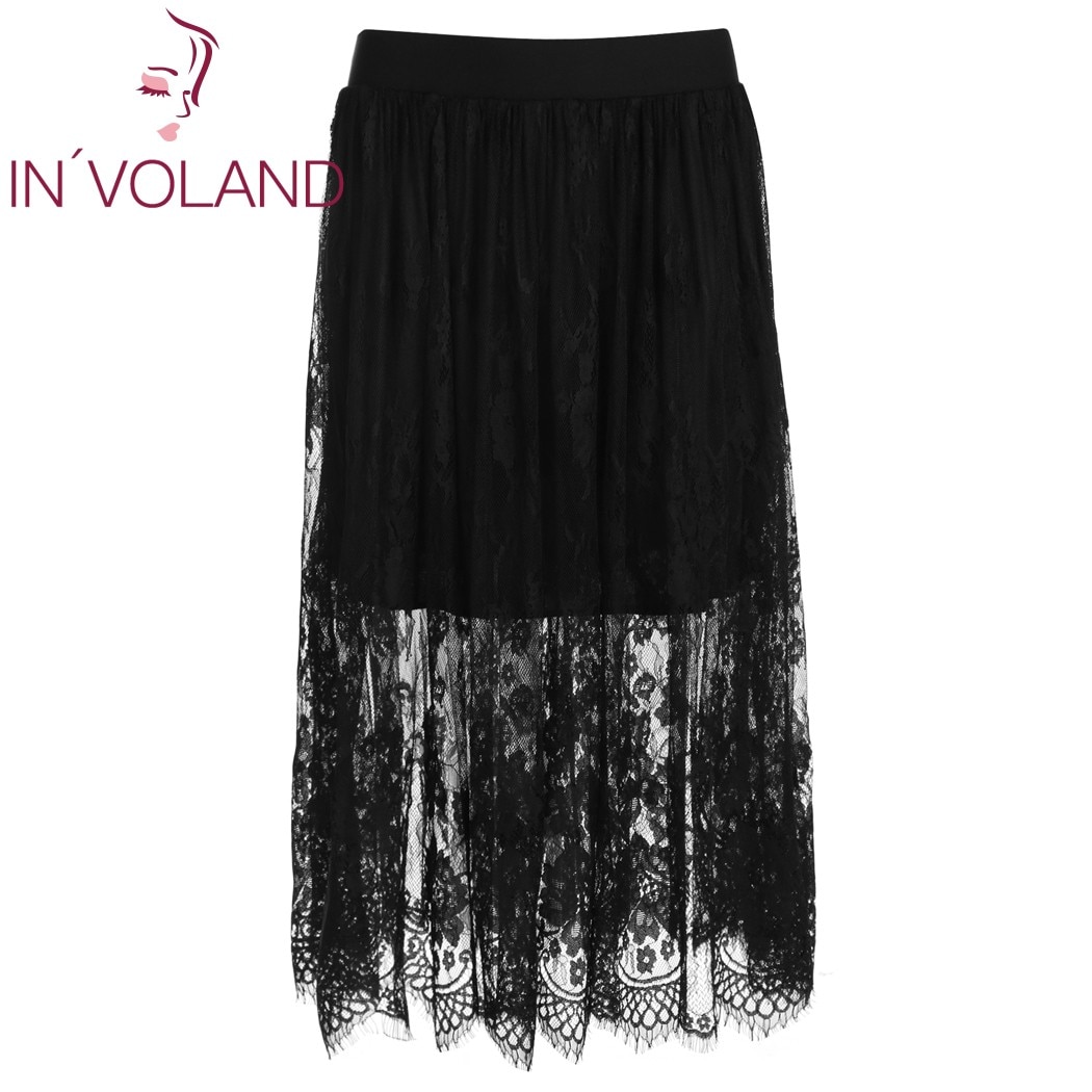 IN’VOLAND Women Skirt Plus Size Solid Elastic Waist Sheer Floral Lace Patchwork Midi Lady Beach Skater Skirt Plus Size XL-4XL 1