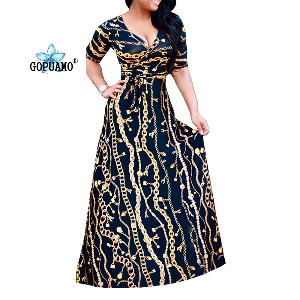 V-Neck Women Maxi Dress – Elegant Iron Chain Print Party Dress