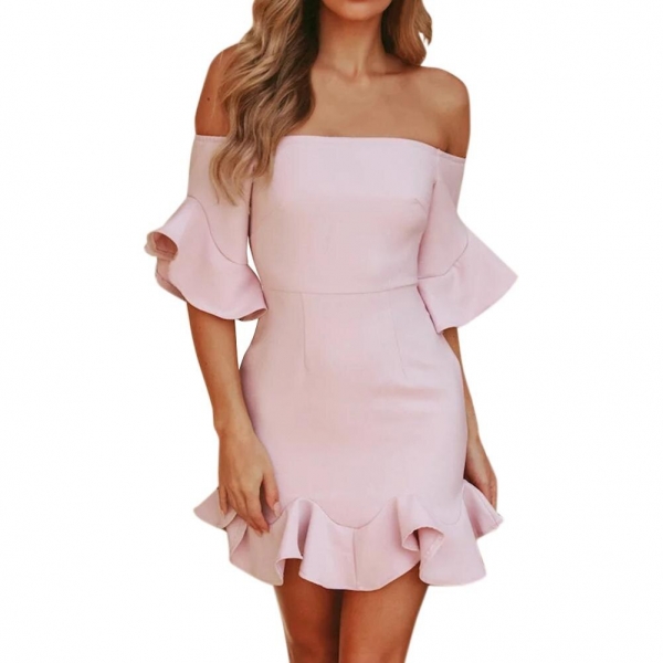 18 Spring Summer Popular Ruffled Half Sleeves Elegant Dress Bodycon Women Off Shoulder Sexy Party Dress Nightclub Short Dress