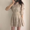 O-neck Half Sleeves A-line Dress Solid Ruffle Lace Patchwork