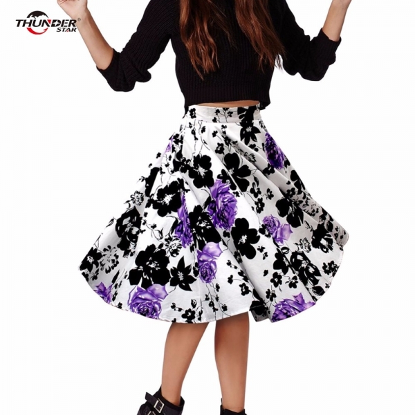 THUNDERSTAR Ladies Skirts 17 Summer Women Skirt Vintage Floral Print High Waist Ball Gown Pleated Midi Skater Skirts Saias 1 Elegant Summer Skirts for Ladies - Embrace Vintage Floral Prints and Stylish Comfort