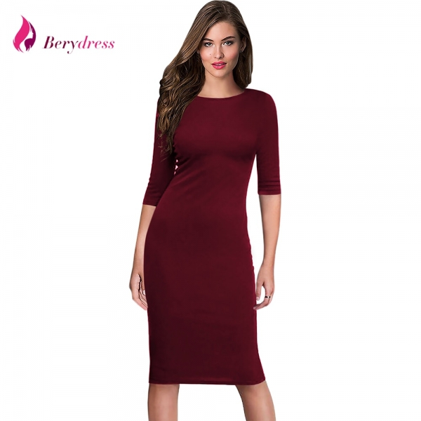Summer Half Sleeve Knee Length Midi Formal Vestidos De Festa Burgundy