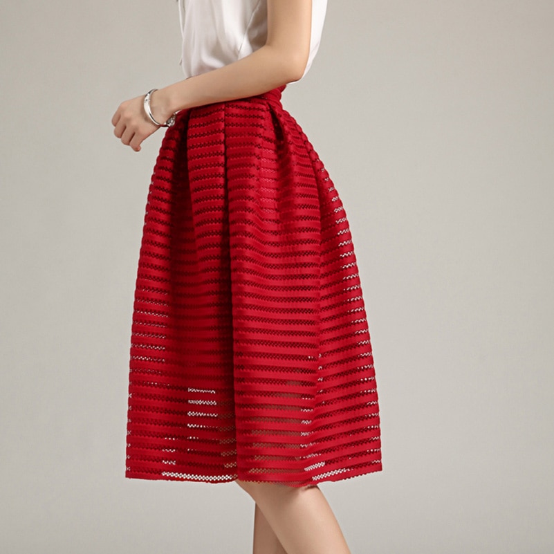 Vintage Skirt Solid Reds Women Skirts Casual Hollow out fluffy Pleated