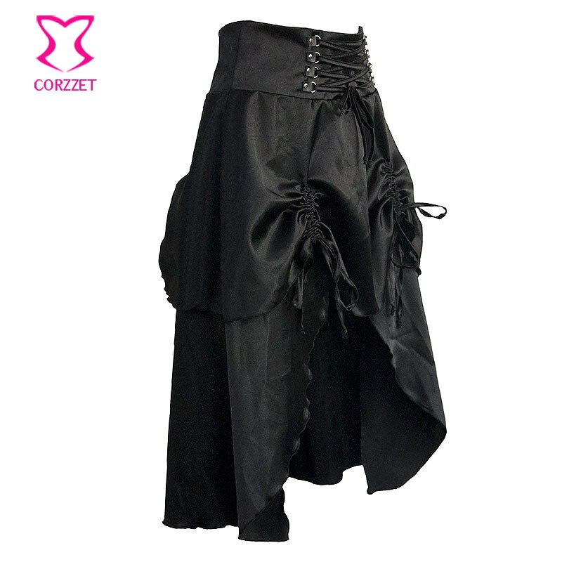 Black Satin Gothic Skirt With Ruffle Women Burlesque Mid Swallowtail Skirts Matching Steampunk Corsets and Bustiers 2