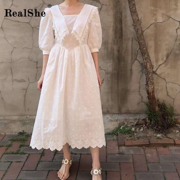 RealShe Summer Dress Long Sailor Collar Half Lantern Sleeve Ruffles Solid Women Dress Elegant Vestidos Bohemian Maxi Dress Beach 1 Sailor Collar Half Lantern Sleeve Ruffles Solid Women Dress Elegant