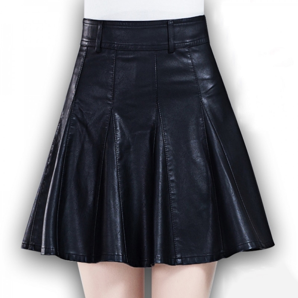 Black high waisted pleated PU skirts for women winter large size faux leather skater skirts ladies oversized mini circle skirts 1 PU skirts for women winter large size faux leather skater