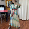 Colorful Dress V-neck Half Sleeves Loose Straight Vintage With Sash Contrast Colors