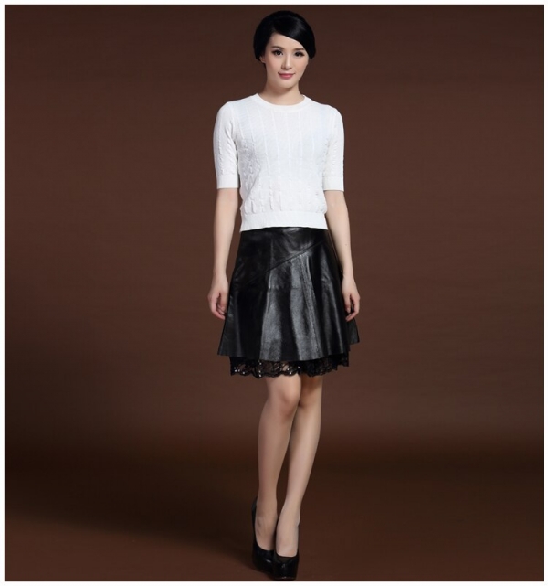 Svadilfari Wholesale New 18 Spring Skirts Solid 100% High Quality Genuine Leather Pleated Umbrella Shape Skirts For Woman