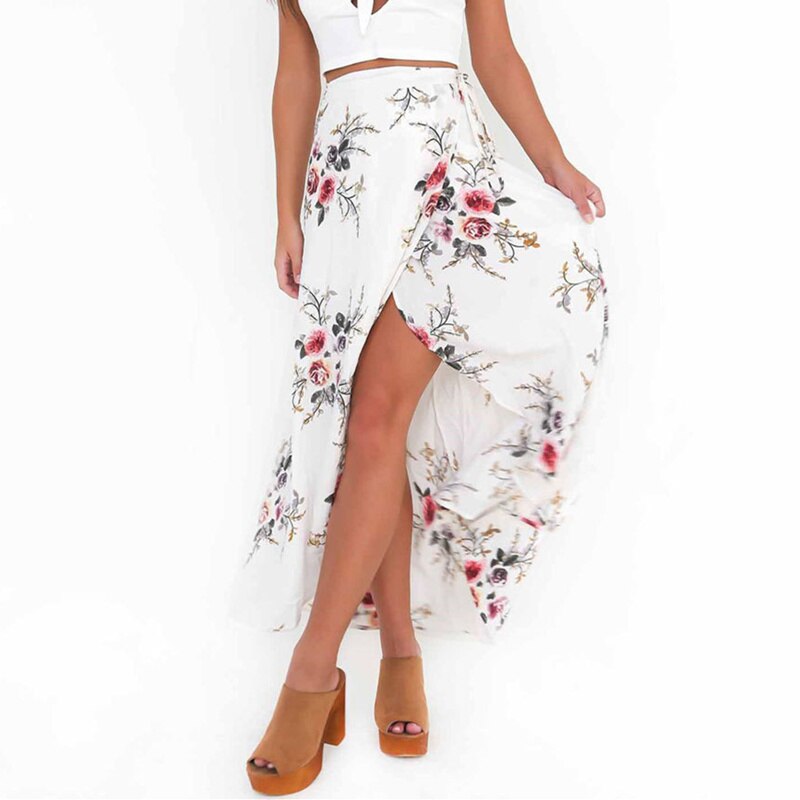 VITIANA Brand Women Vintage long Skirts Summer White Floral Print Elegant Beach Maxi Skirt Boho high waist asymmetrical skirt