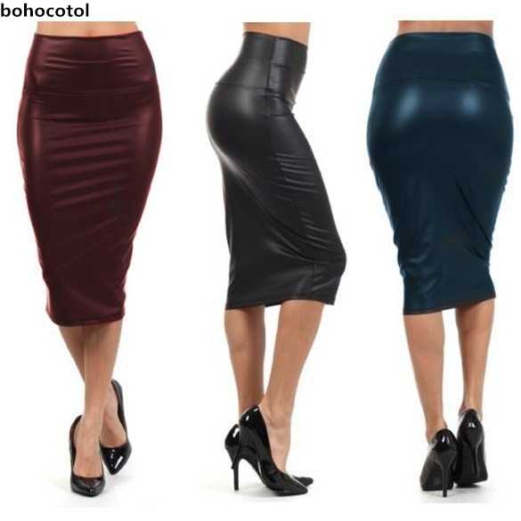 Bohocotol 19 summer women plus size high-waist faux leather pencil skirt black leather skirt S/M/L/XXXL Drop shipping 1