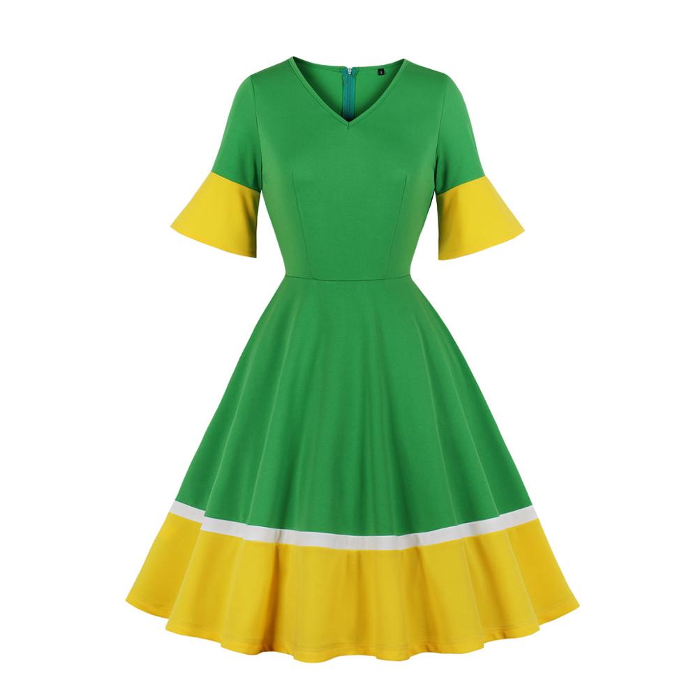 Casual Women v Neck Vintage Dress 1/2 Half Sleeve Flare Sleeve Solid Color Polyester Dress Green And Yellow