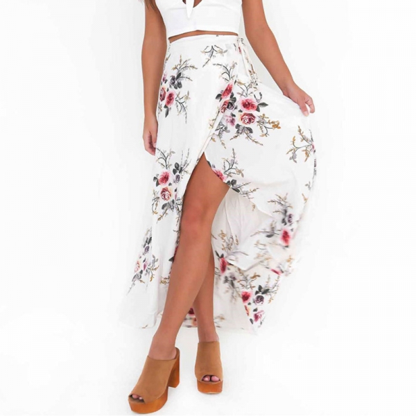 Elegance in Bloom: Women's Vintage White Floral Maxi Skirt