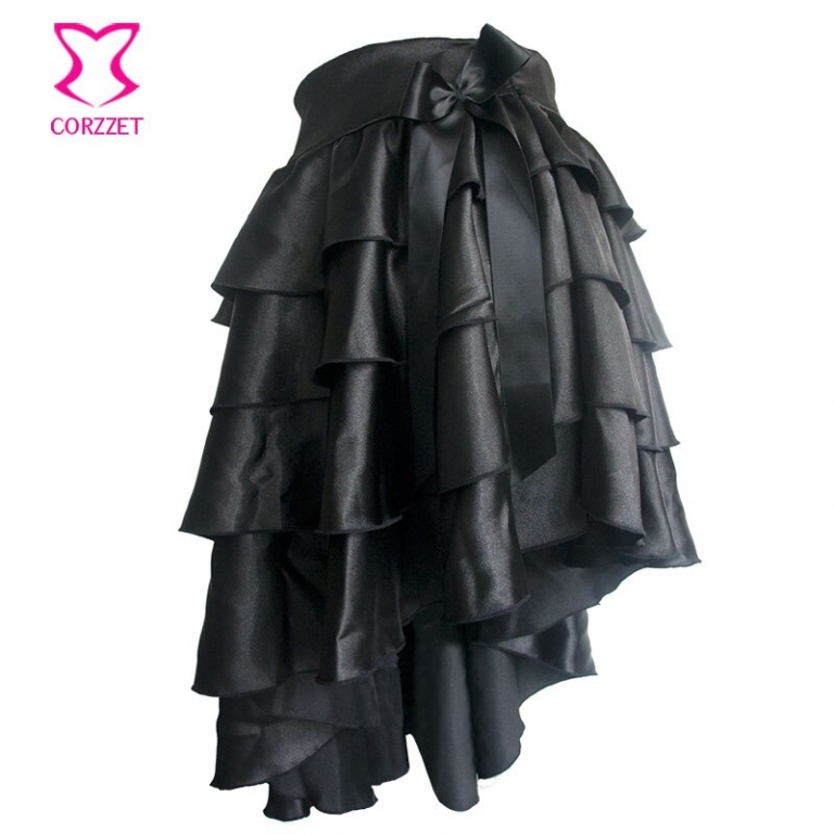 Black Ruffle Satin Tiered Asymmetical Saia Victorian Women Skirt Retro Steampunk Corset Skirt Sexy Ladies Skirts Gothic Clothing