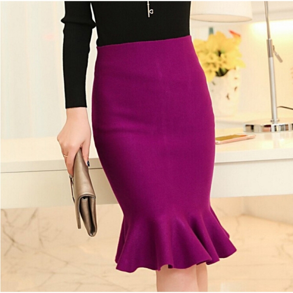 high waist skirts womens 16 knit midi Fish Tail ruffles hip Skirt Saias Femininas FS0198 High-waist knitted fishtail skirt with ruffled hem, perfect for casual and formal occasions.ย
