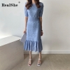 Elegant O-neck Half Sleeve Ruffles Hollow Out Solid Knitted