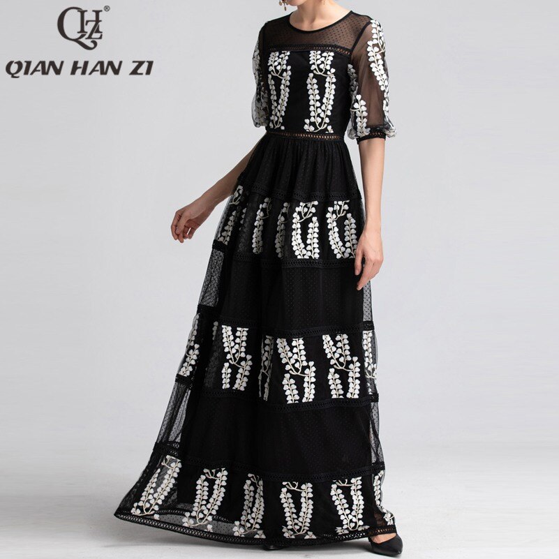 Qian Han Zi newest Designer Runway Maxi Dress Women Half Sleeve Mesh Embroidered Hollow Out Lace Vintage black party Long Dress