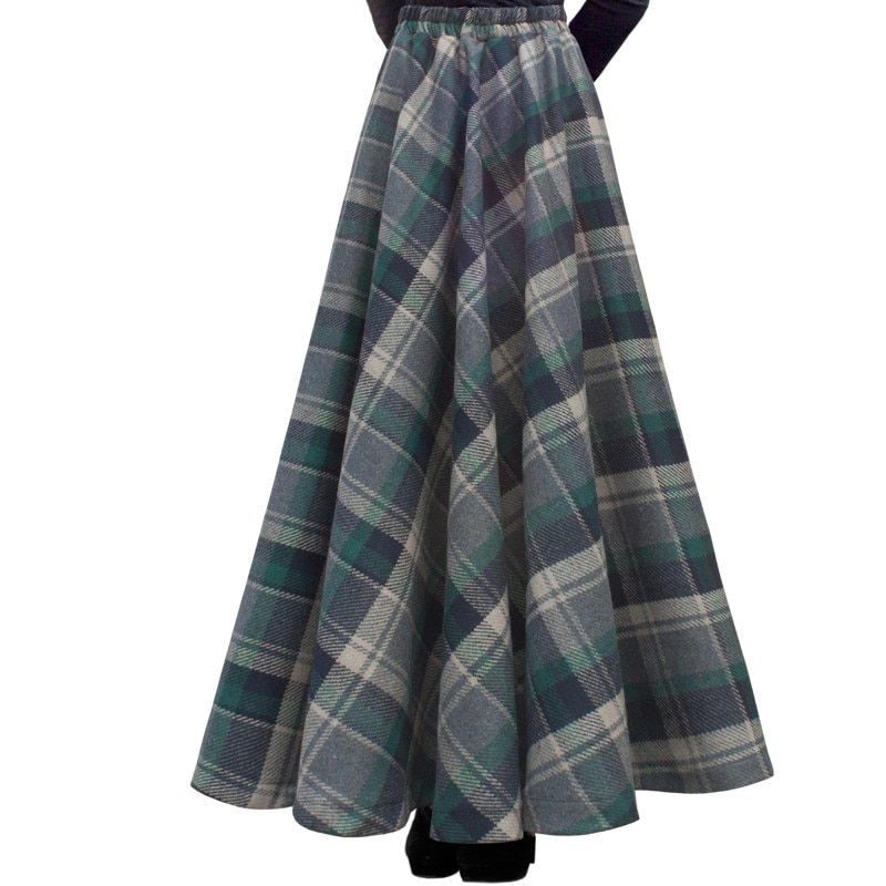 Free Shipping 19 New Fashion Long Maxi Thick A-line Skirts For Women Elastic Waist Winter Plaid Woolen Skirts Warm With Pocket
