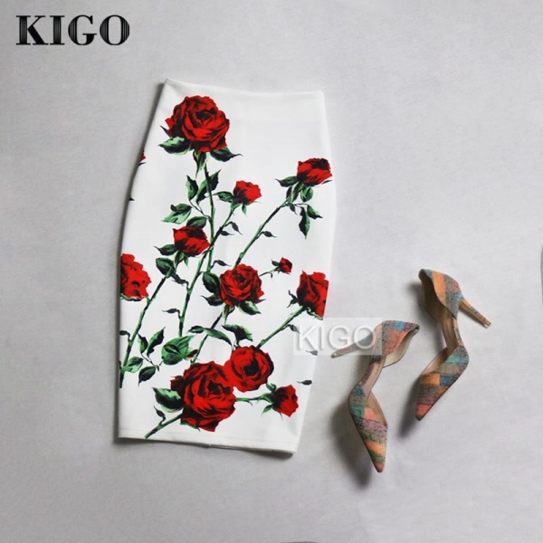 KIGO European and American Style Summer Print Midi Skirt High Waist Bodycon Skirt Sexy Ladies Slim Pencil Skirt Falda Saia K50 1 European and American Style Summer Print Midi Skirt High Waist Bodycon Skirt