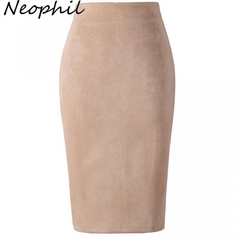 Neophil 19 Winter Women Suede Midi Pencil Skirt High Waist Gray Pink XXL Sexy Style Stretch Wrap Ladies Office Work Saia S1009