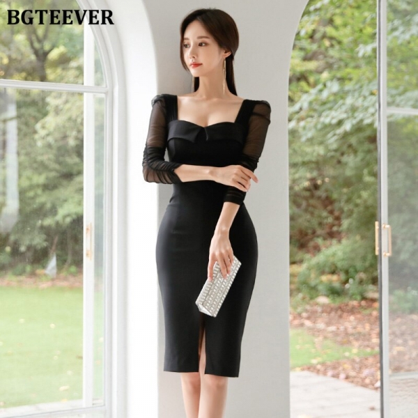 BGTEEVER Elegant Black Square Collar Sheath Women Dress Front-split Half Sleeve Female Dress Pencil Bodycon Vestidos Femme 19