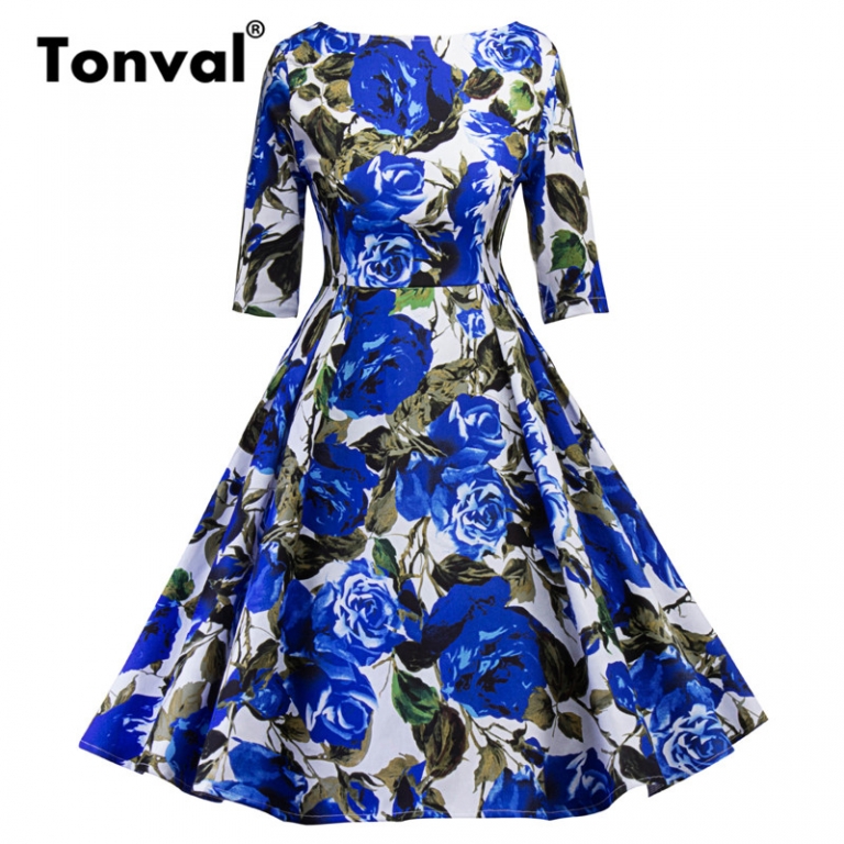 Tonval Blue Flower Print Retro Dress 18 Vintage Women Pleated Dress Summer Half Sleeve Party Backless Floral Dresses