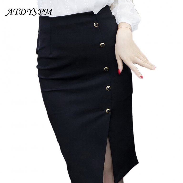 Vintage Office Lady OL Skirts High Waist Buttons Slit Pencil Skirt ...