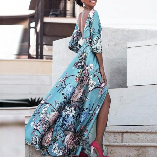19 Women Boho Half Sleeve Backless Floral Dress Sexy Maxi Long Dress Party Beach Dress 1 Half Sleeve Backless Floral Dress Sexy Maxi Long Dress Party