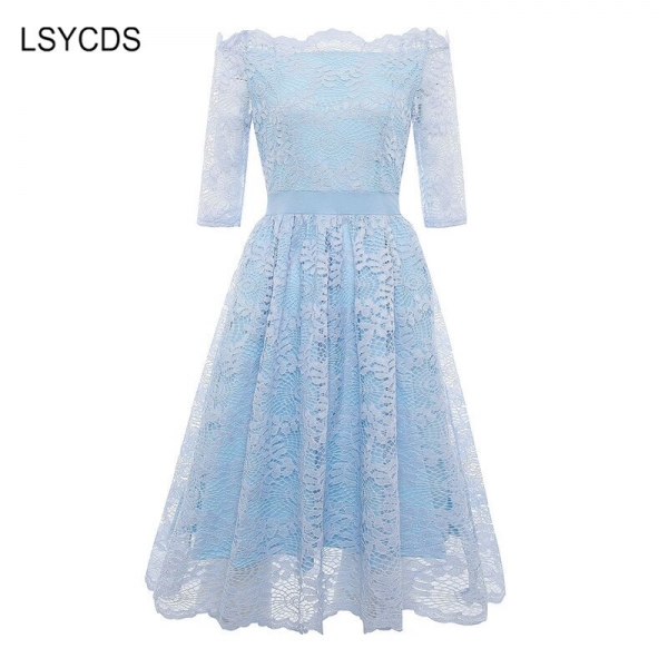 19 Autumn Elegant Lace Dress Women Plus Size Slash Neck Half Sleeve Knee Length Blue Gray Casual Party Dresses for Women