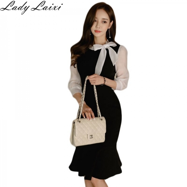 Half Sleeve Color Block Mermaid Sheath Dress Black White Patchwork Women Sexy Bodycon Vintage Elegant Party Dress Half Sleeve Color Block Mermaid Sheath Dress Black White Patchwork Women Sexy Bodycon Vintage Elegant Party Dress
