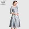 ROGREZ Blue Silver Elegant A Line Women Dress Half Sleeve Knee Length Floral Midi High Waist Party Dresses Autumn