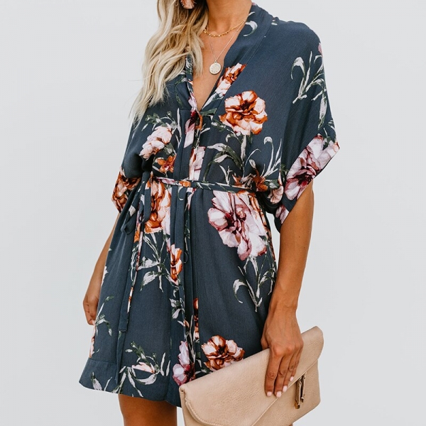 19 New Summer Women Boho Style Floral Print Dress Lace Up Sexy Deep V-neck Half Sleeve Beach Sundress Dress Female 1 Boho Style Floral Print Dress Lace Up Sexy Deep V-neck Half Sleeve Beach